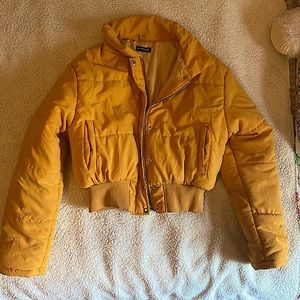 Pretty Little Thing yellow polyester coat:) sizing on last picture!